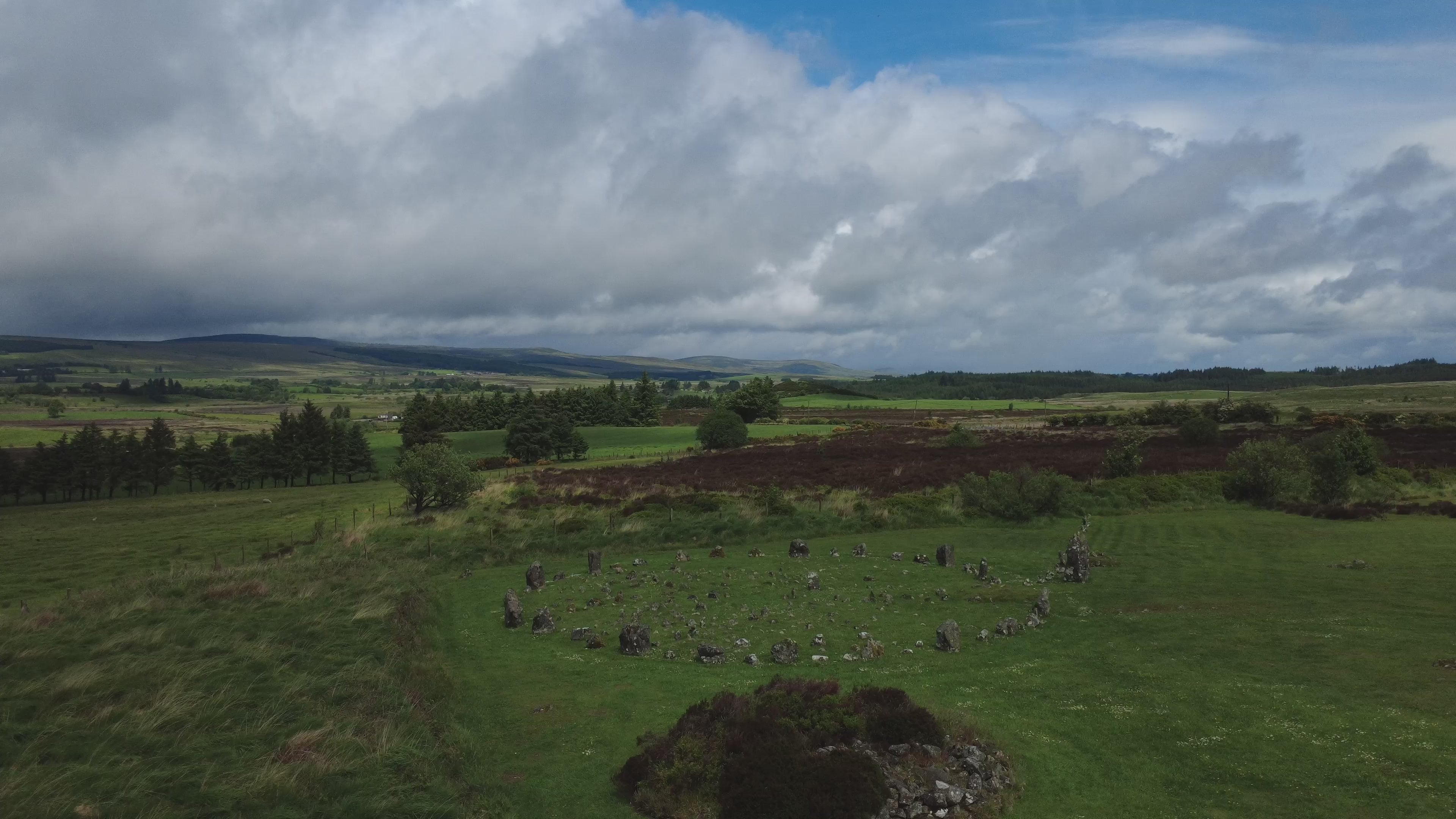 Beaghmore Stone Circles — Cinematic Aerial Flyover with Countryside Backdrop | 4K Northern Ireland Drone Footage